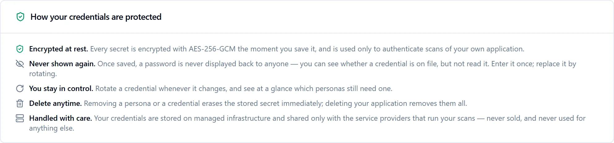 How your credentials are protected: Encrypted at rest with AES-256-GCM; Never shown again; You stay in control; Delete anytime; Handled with care