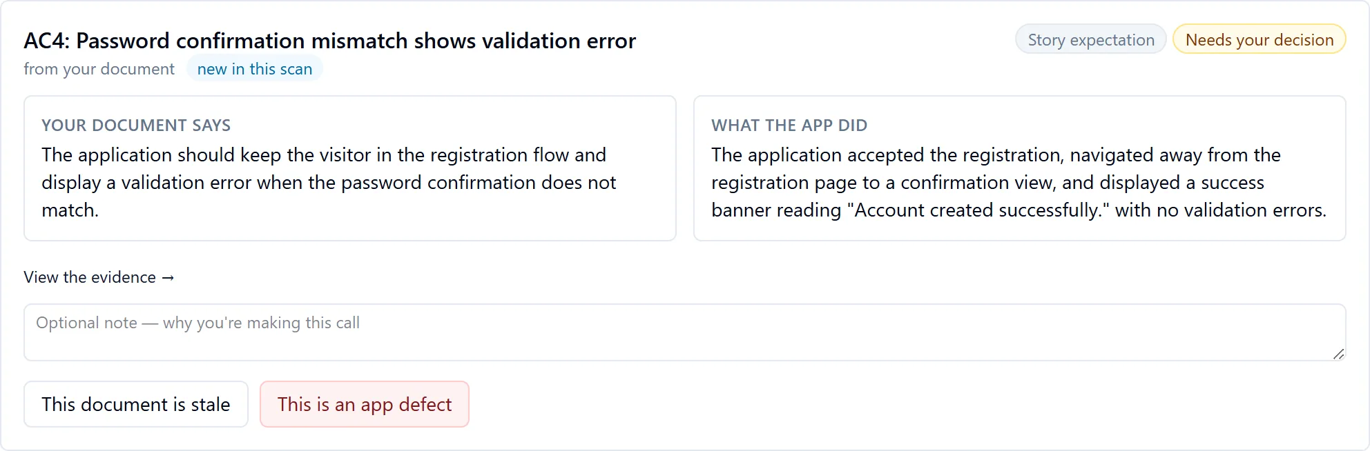 Journey divergence: your document says the application should keep the visitor in the registration flow and show a validation error when the password confirmation does not match; what the app did: accepted the registration and displayed Account created successfully. Buttons: This document is stale, This is an app defect.